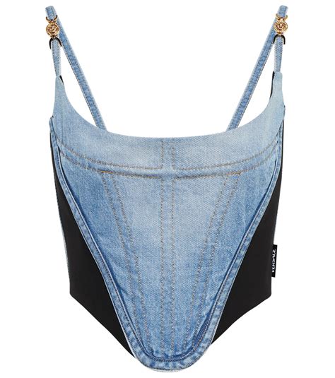 versace silk crop top|Versace denim corset.